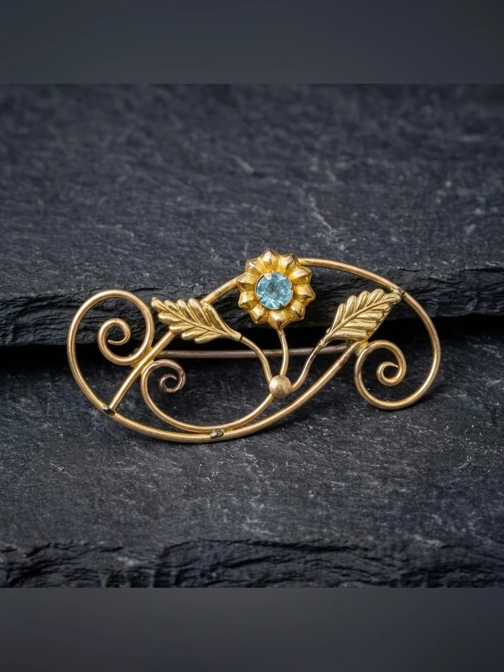 Vintage 50s Hobson 12k Gold Filled Blue Rhinestone Art Nouveau Revival Brooch